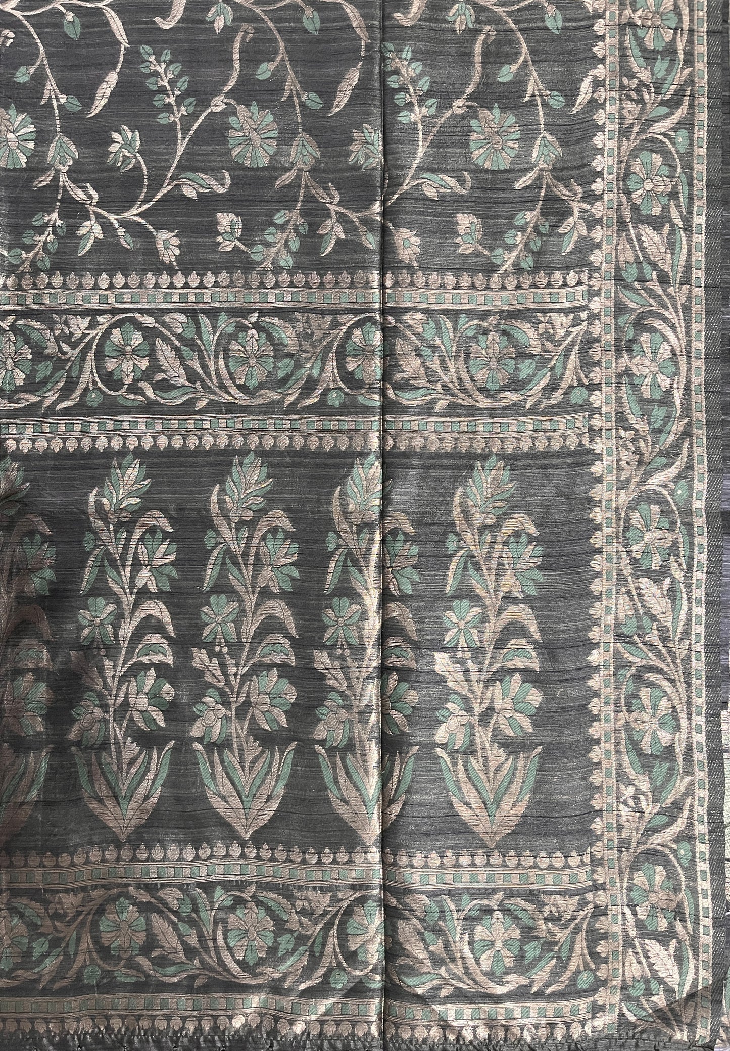 Ks 236 - Elegant Charcoal Green Saree with Floral Vine Design