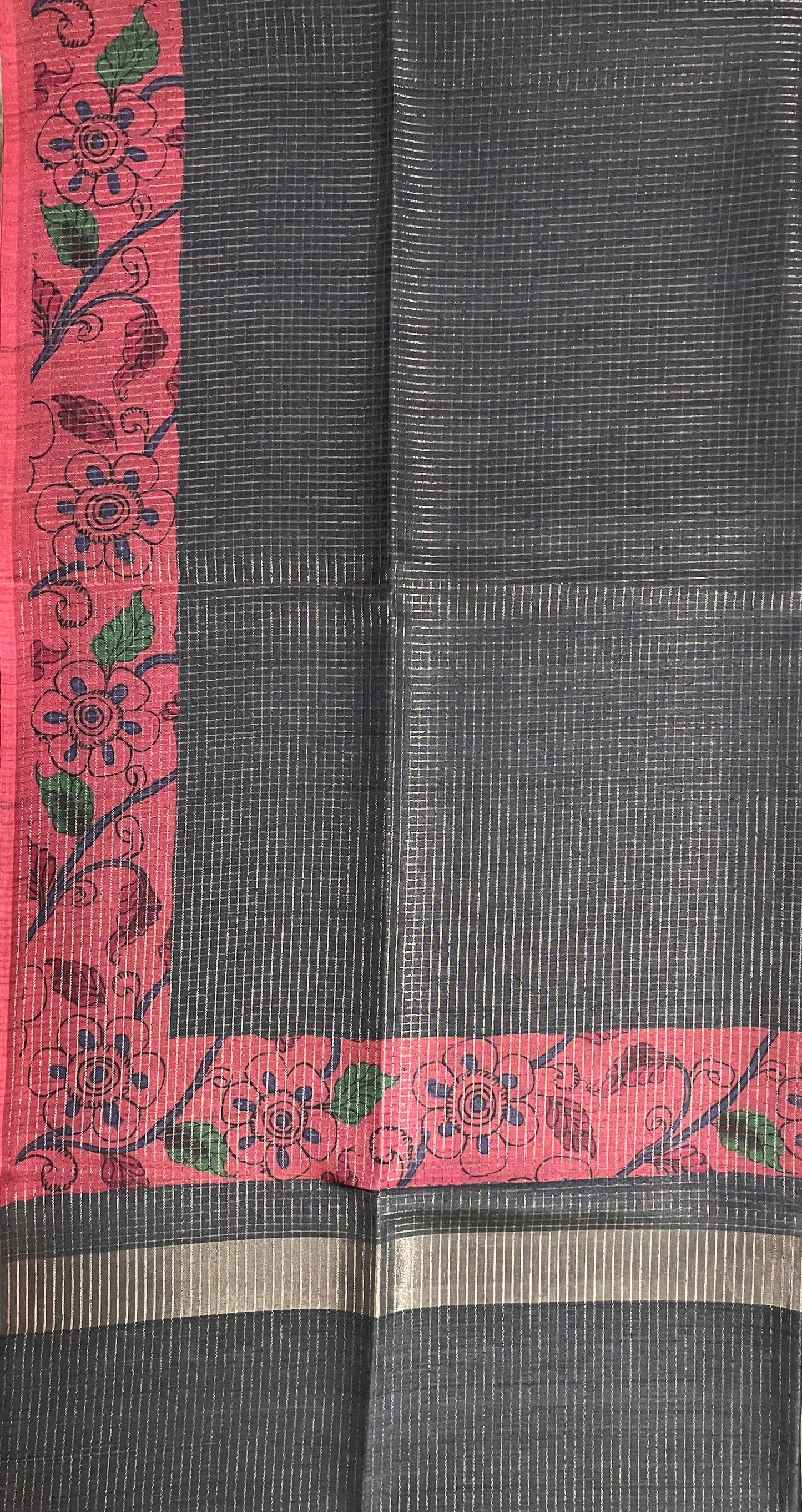 Ks 189 - Black Striped Saree with Pink Floral Border