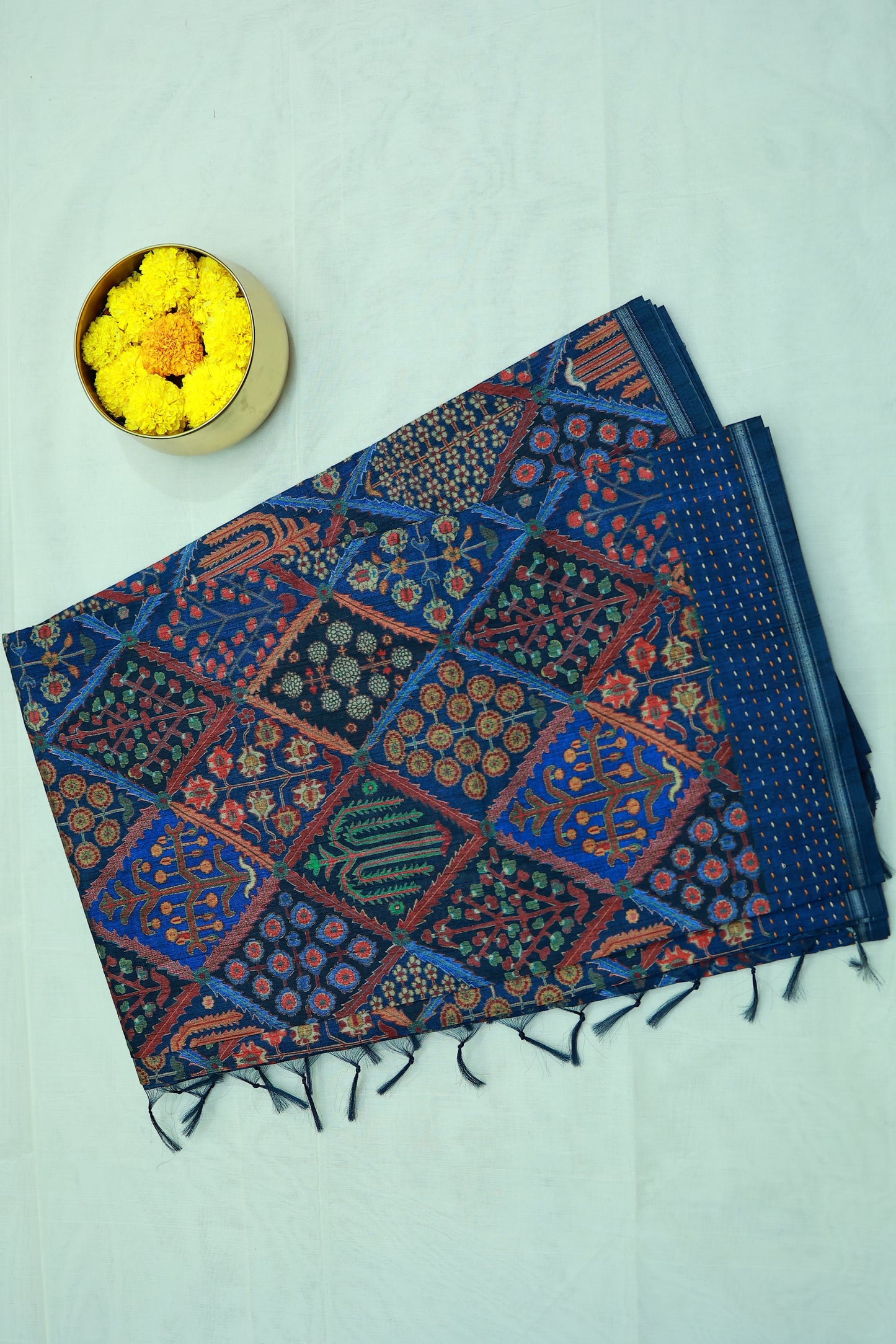 KS80 - Navy blue saree with multicolor print and threadwork