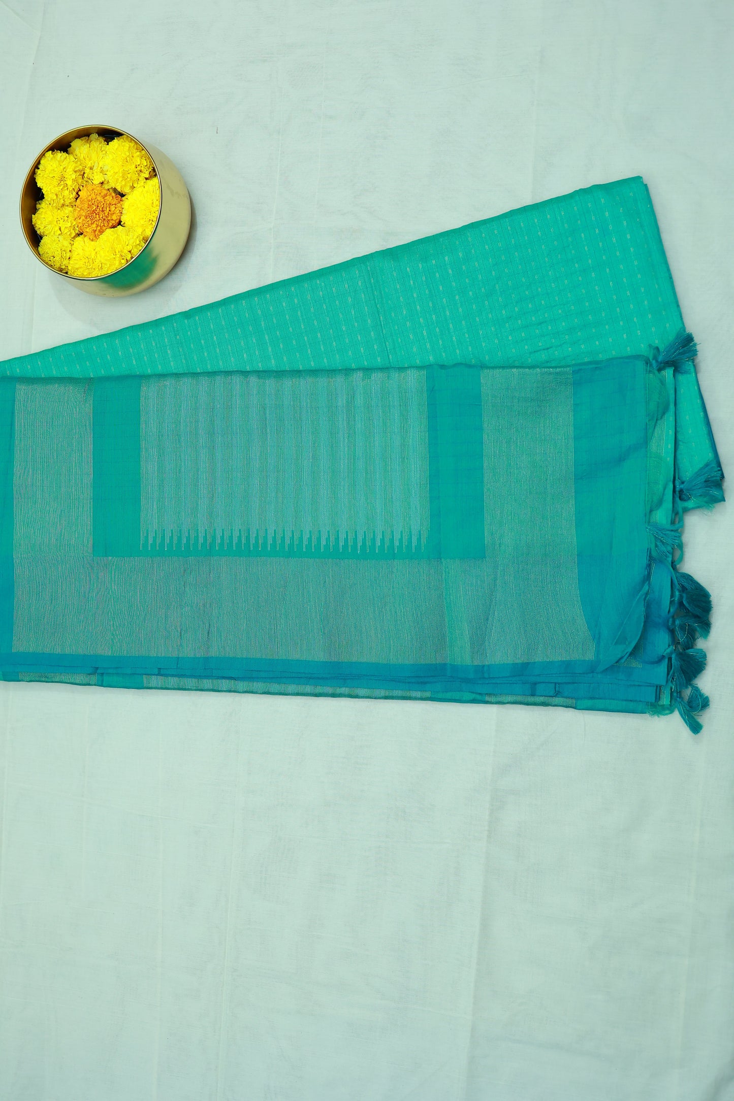 KS70 - Teal Green Handloom Cotton Saree with Subtle Striped Weave