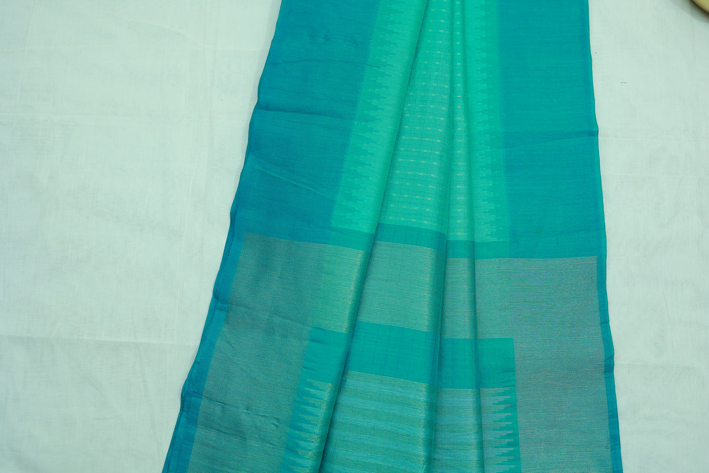 KS70 - Teal Green Handloom Cotton Saree with Subtle Striped Weave