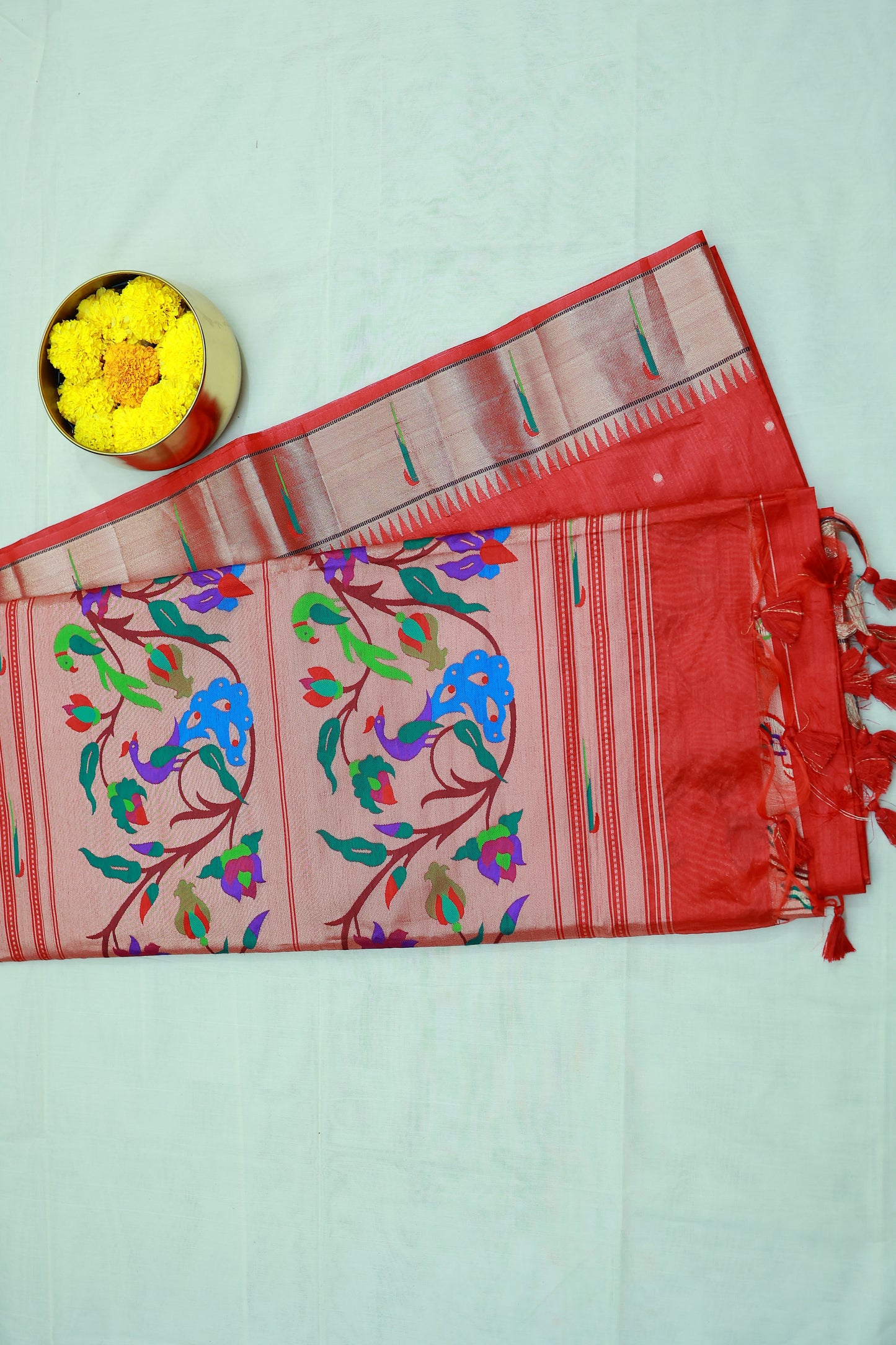 KS71 - Red Silk Cotton Saree with Colorful Floral and Parrot Motifs