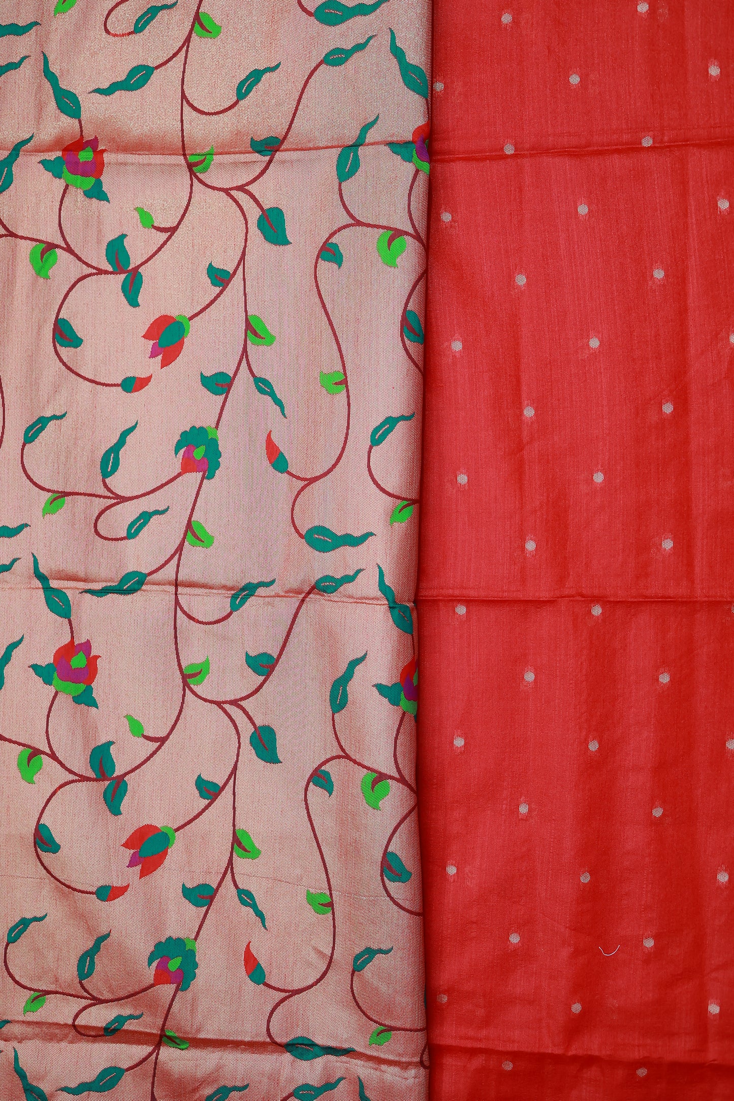 KS71 - Red Silk Cotton Saree with Colorful Floral and Parrot Motifs