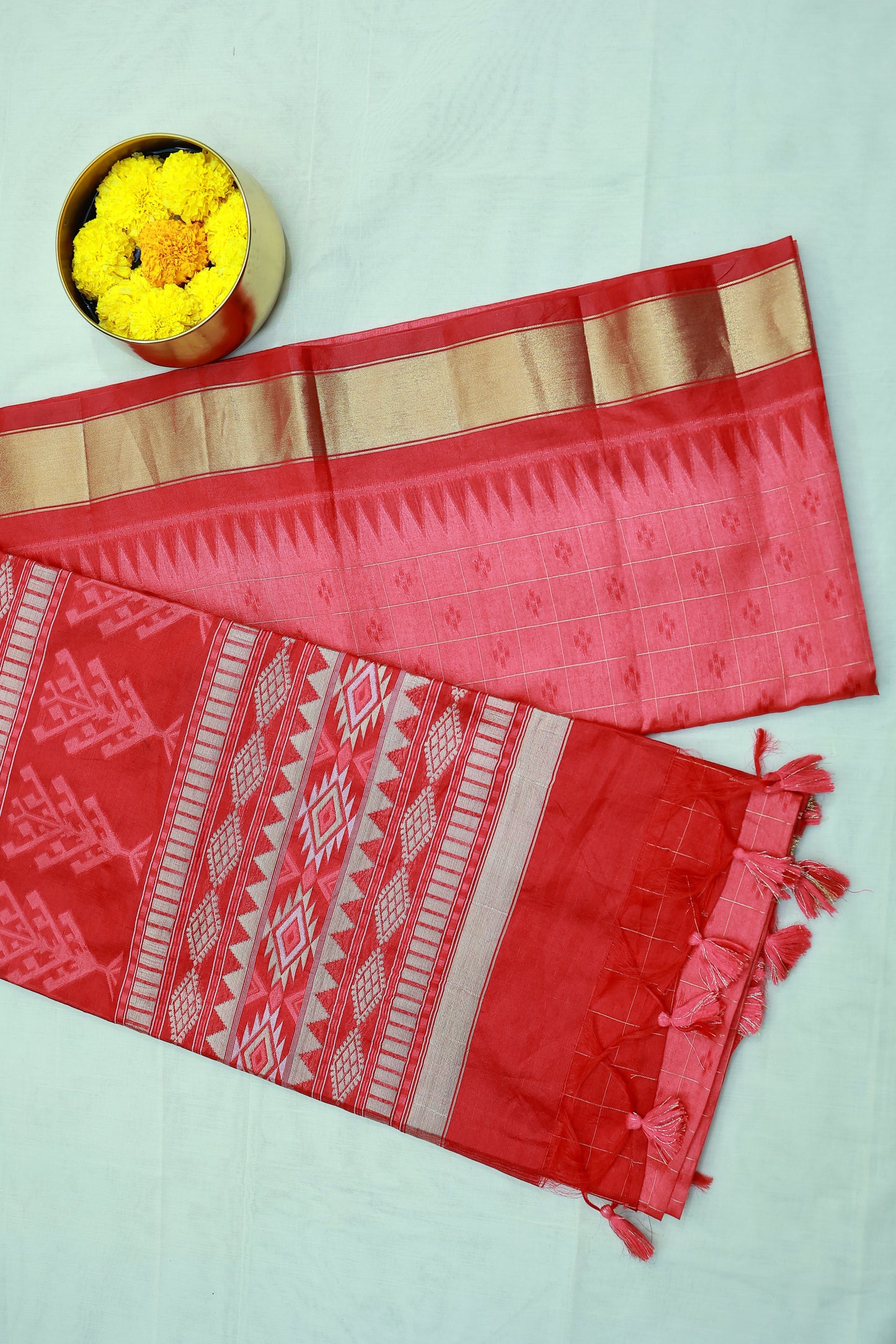 KS85 - Pinkish red with chilli red pallu Semi Tussar Sarees