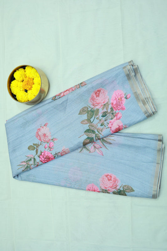 KS79 - Pastel blue linen cotton saree