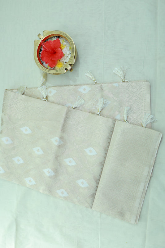KS50 - Cream white silk blended saree