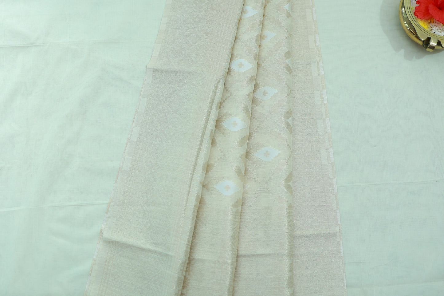 KS50 - Cream white silk blended saree