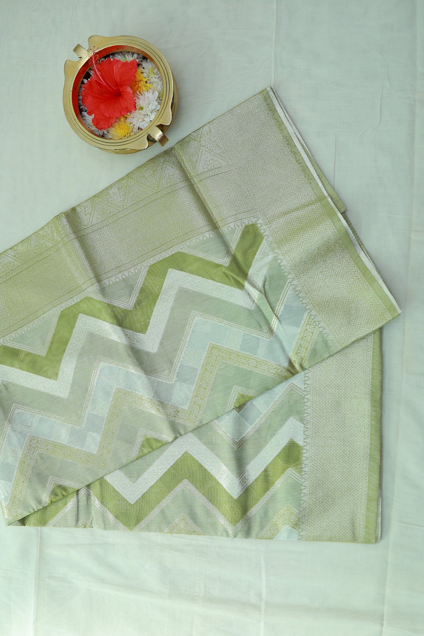 KS45 - Moss Green and White textured silk blended saree