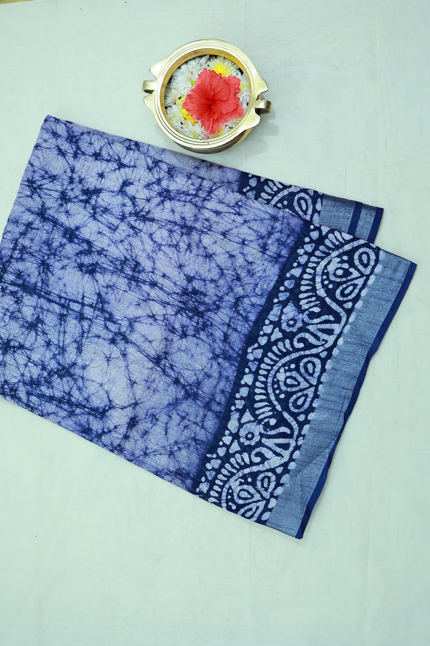 KS24 - Indigo Whisper Shibori & Block Print Cotton Saree