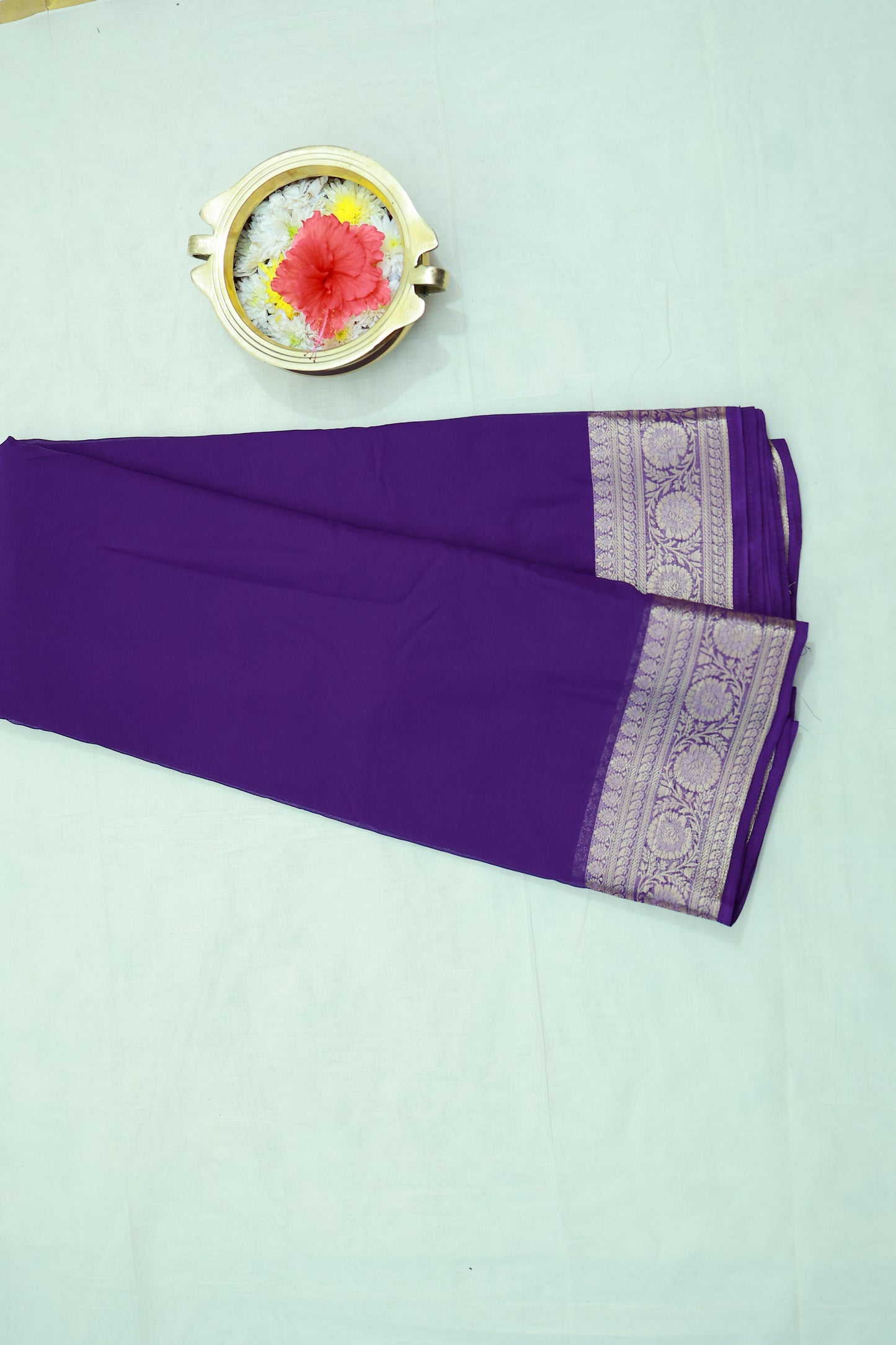 KS101 Purple Banarasi Saree with Silver Zari Border