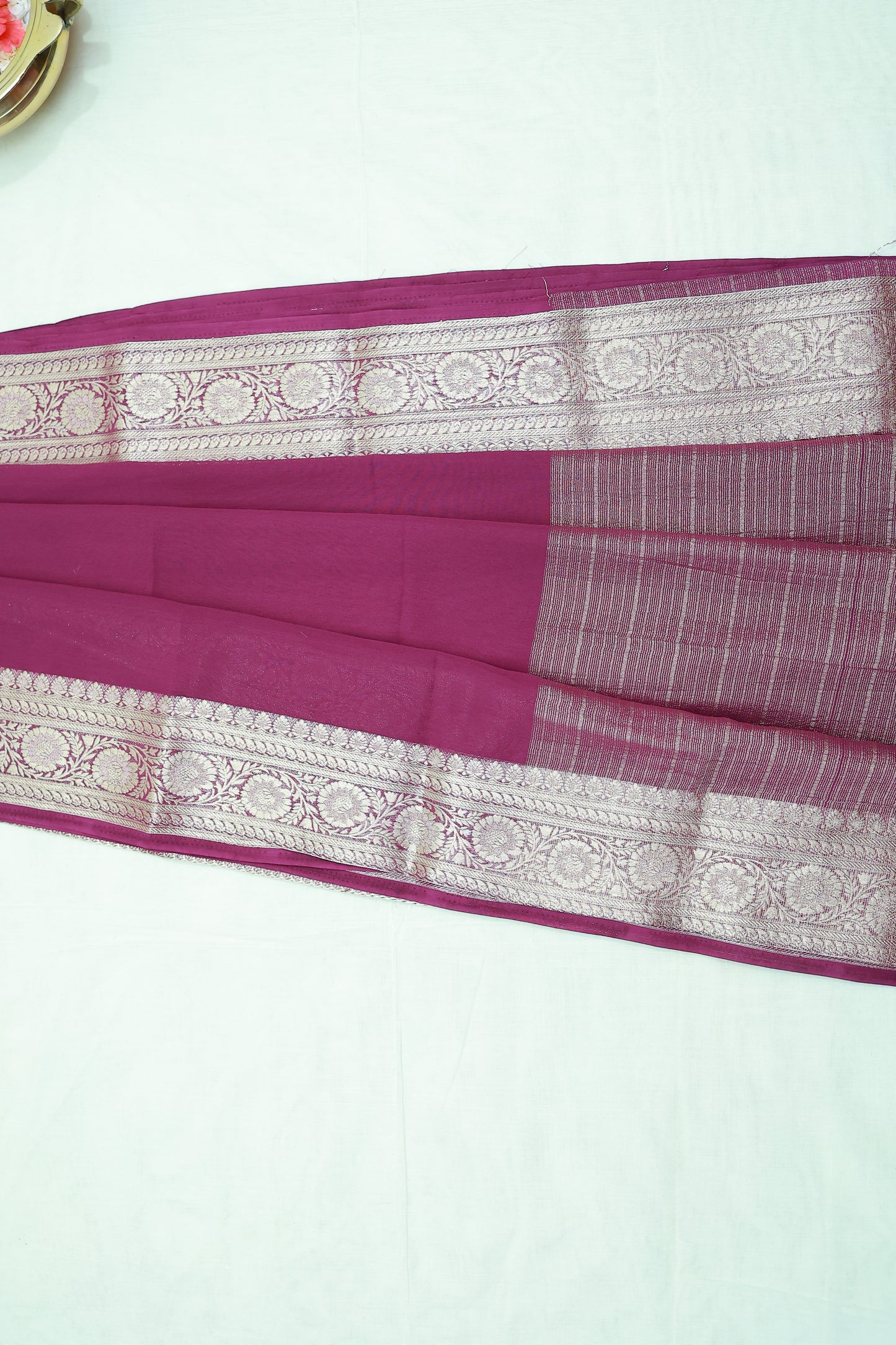 KS100 Magenta Banarasi Saree with Silver Zari Border