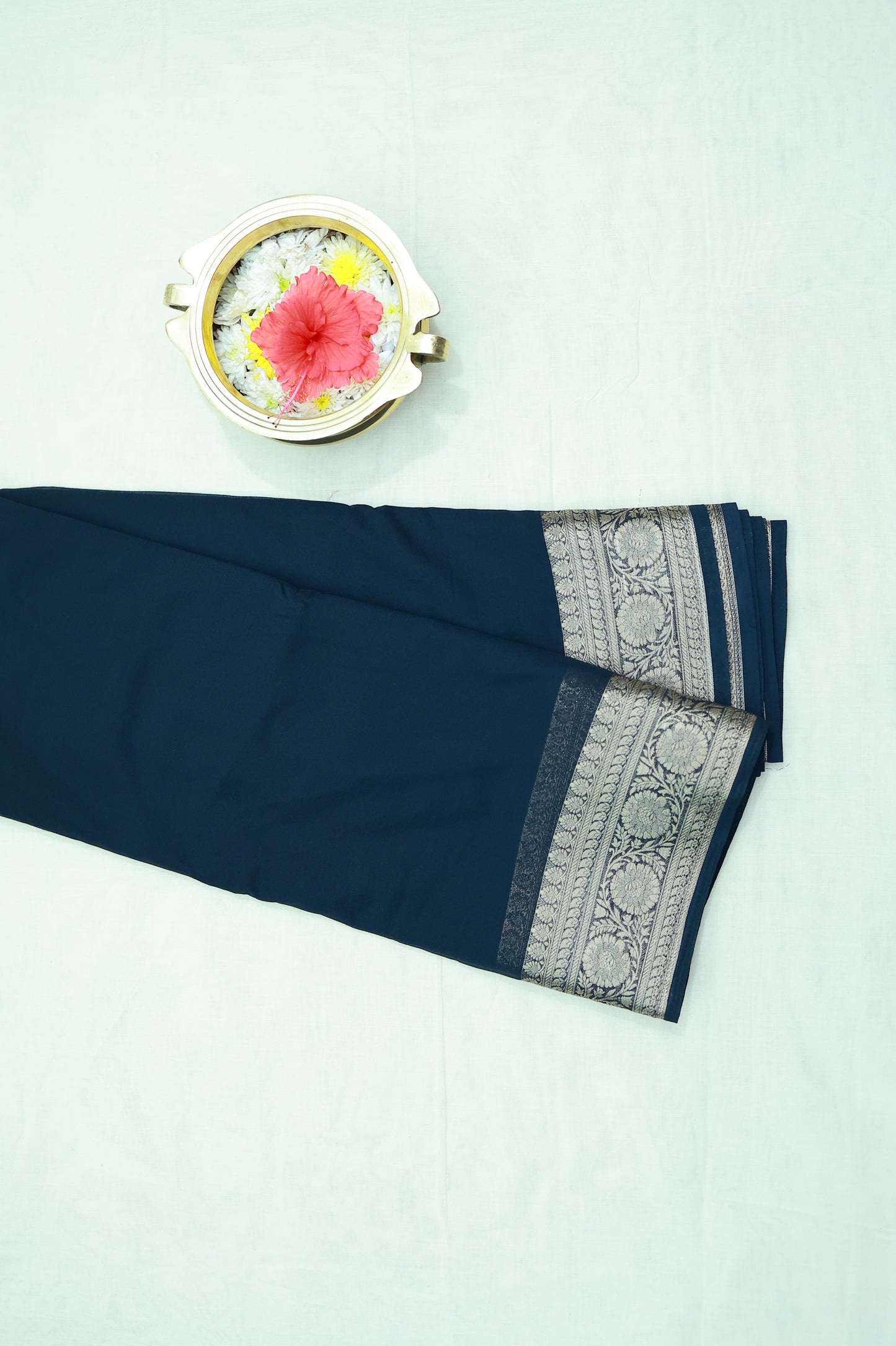 KS103 - Midnight Blue Semi-Crepe Zari Saree