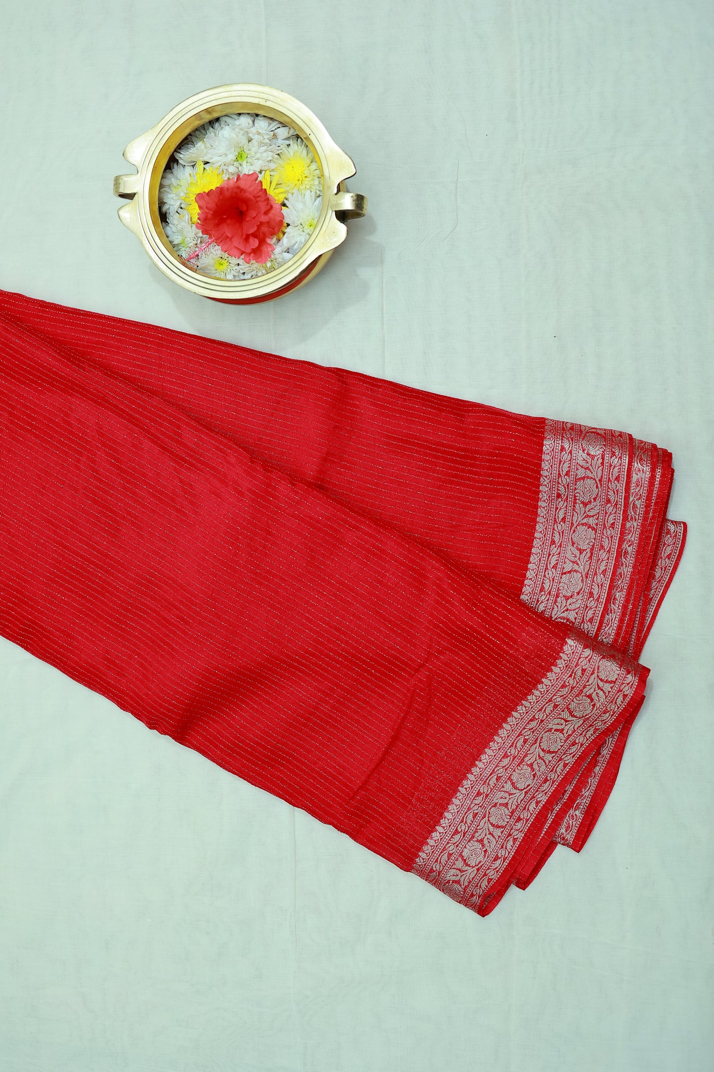 KS20 Red Banarasi Saree with Silver Zari Border