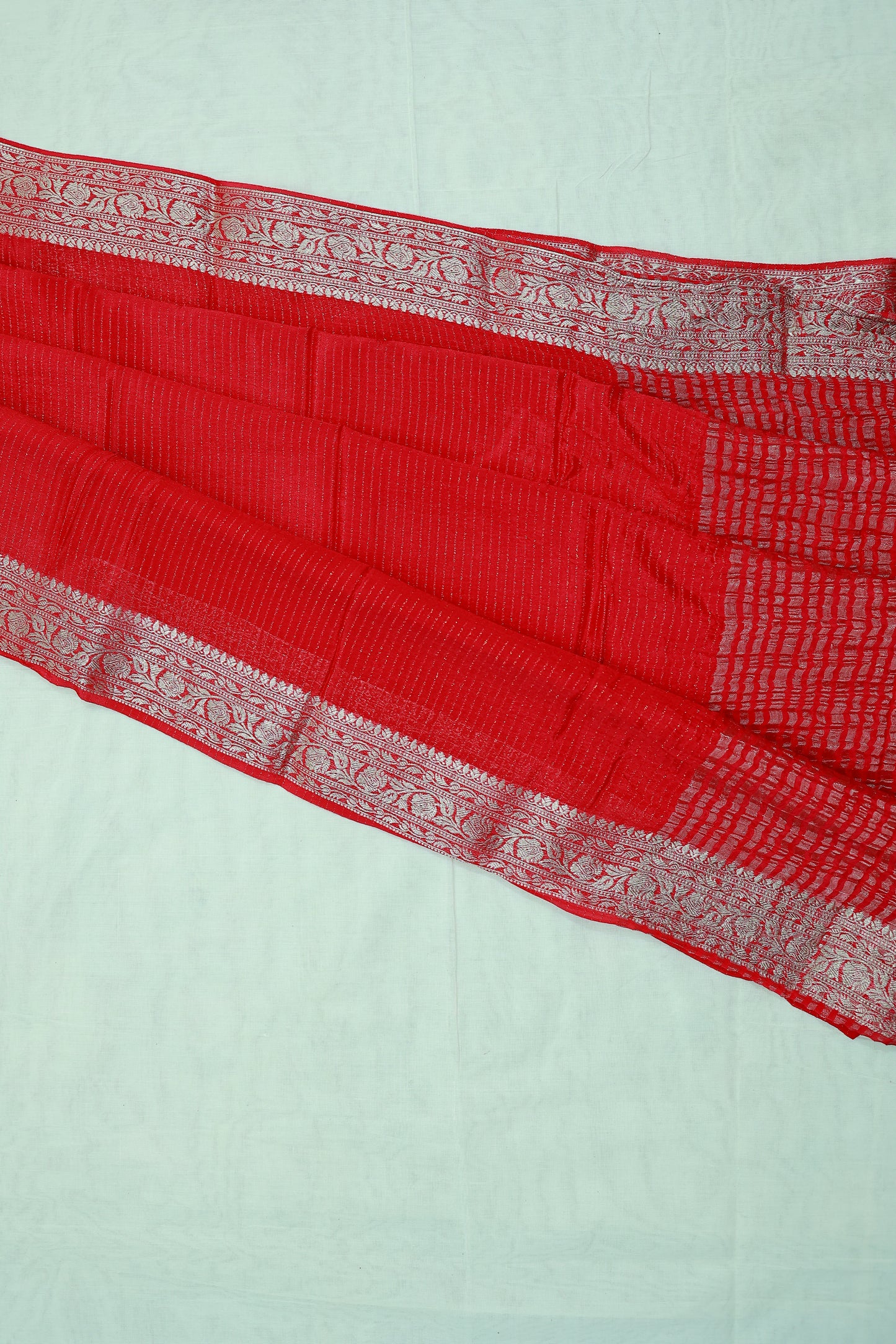 KS20 Red Banarasi Saree with Silver Zari Border