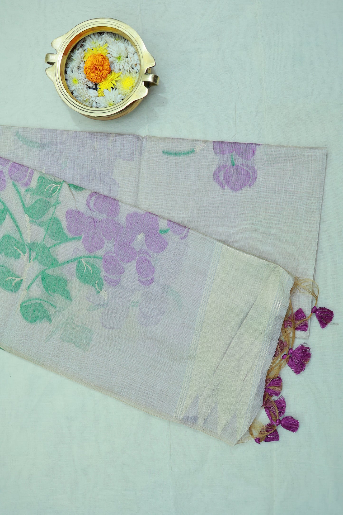 KS04 - Soft off White & Lavender silk blended cotton saree