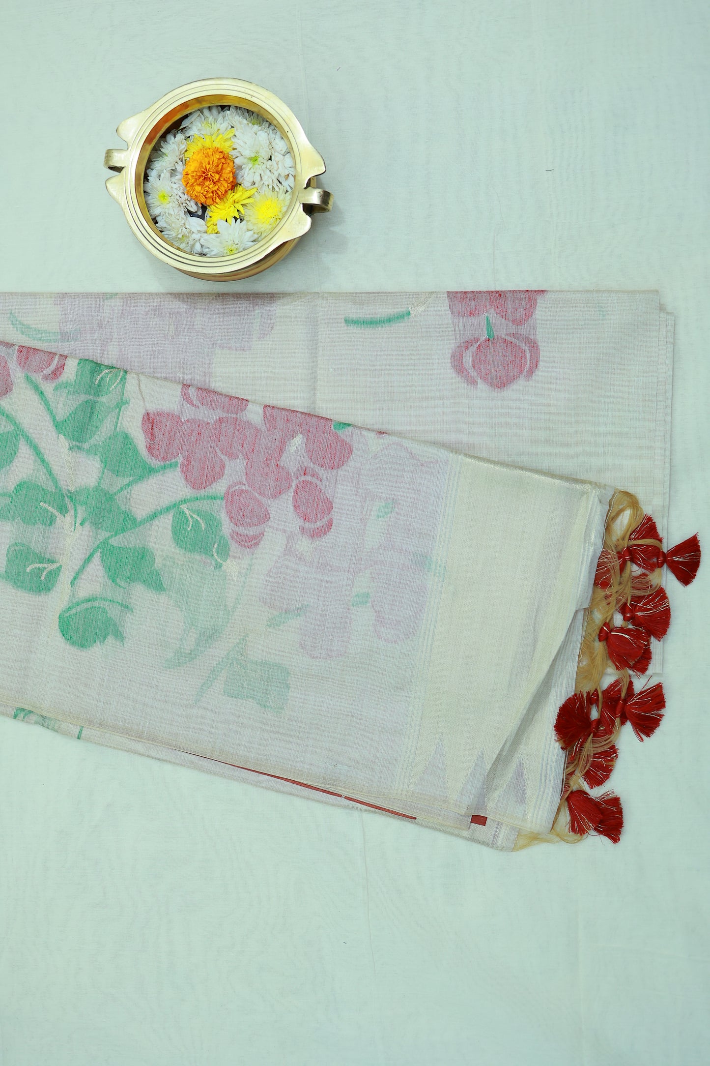 KS03 - Soft off white & Chilli red silk blended cotton saree