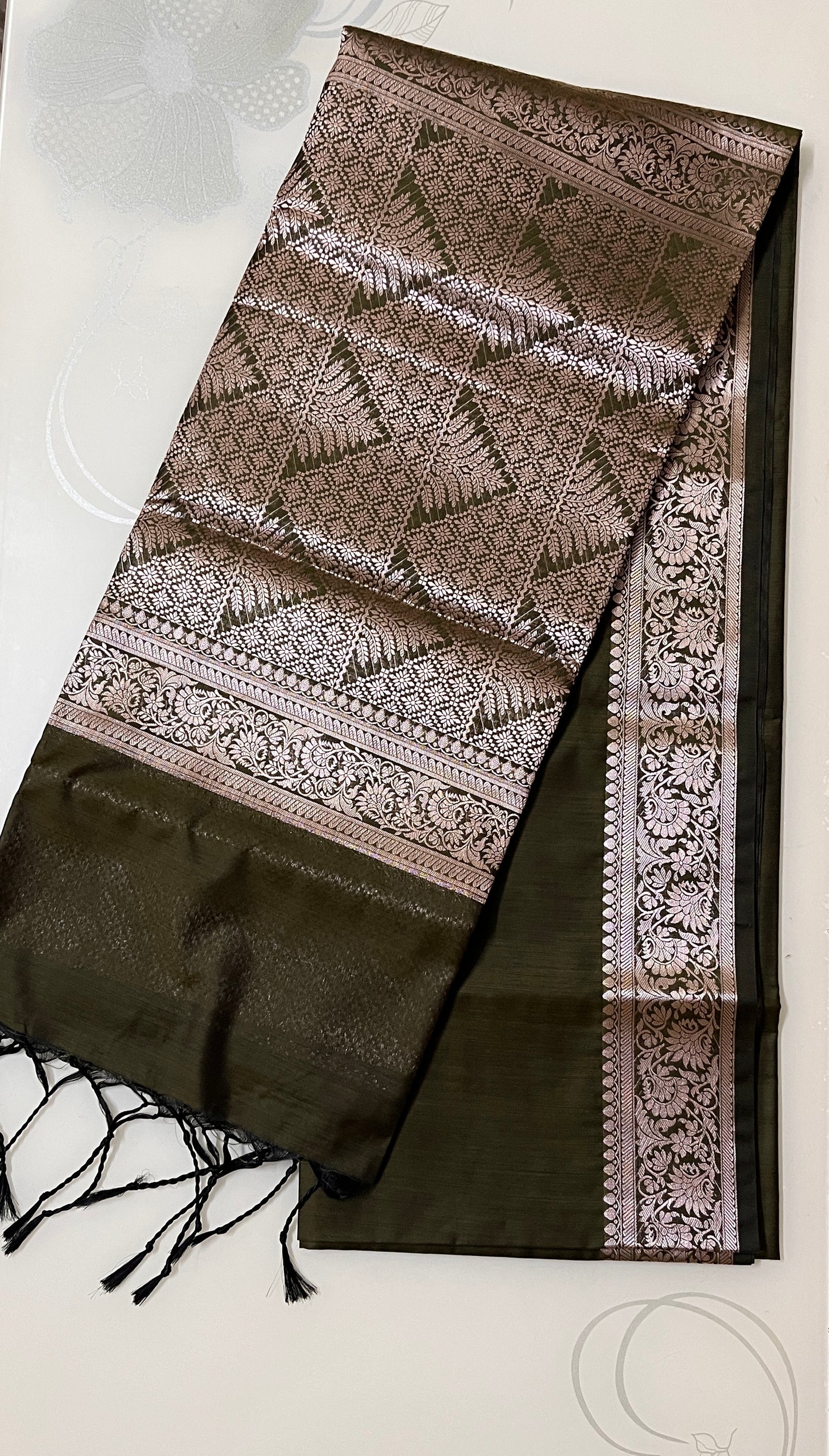 CAS191 - Dark olive green Banarasi silk saree