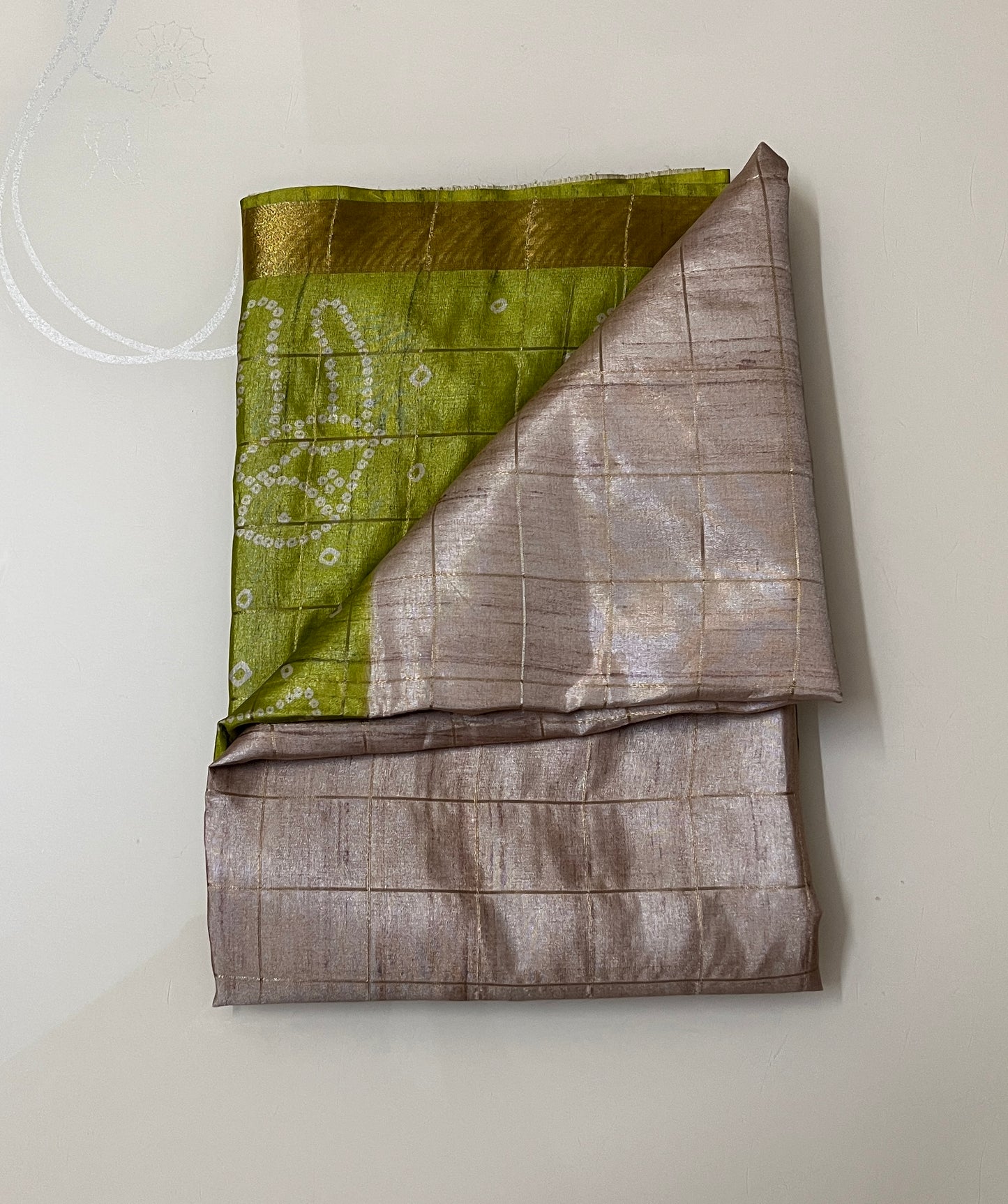 CAS202 - Olive Green and silver-grey Bandhani silk saree