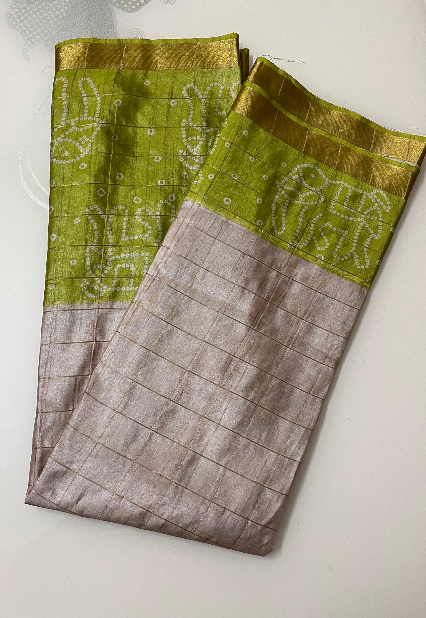 CAS202 - Olive Green and silver-grey Bandhani silk saree