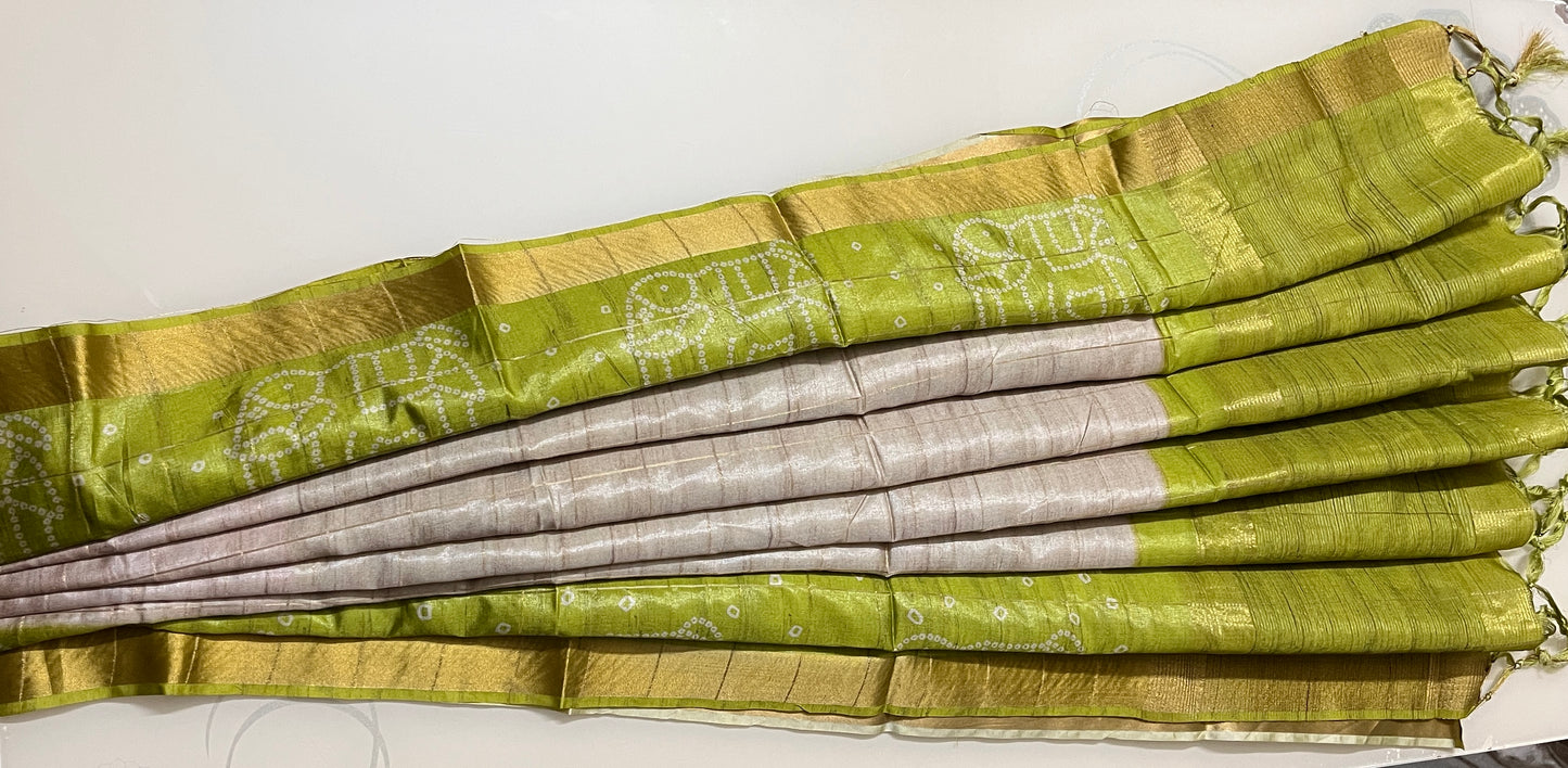CAS202 - Olive Green and silver-grey Bandhani silk saree