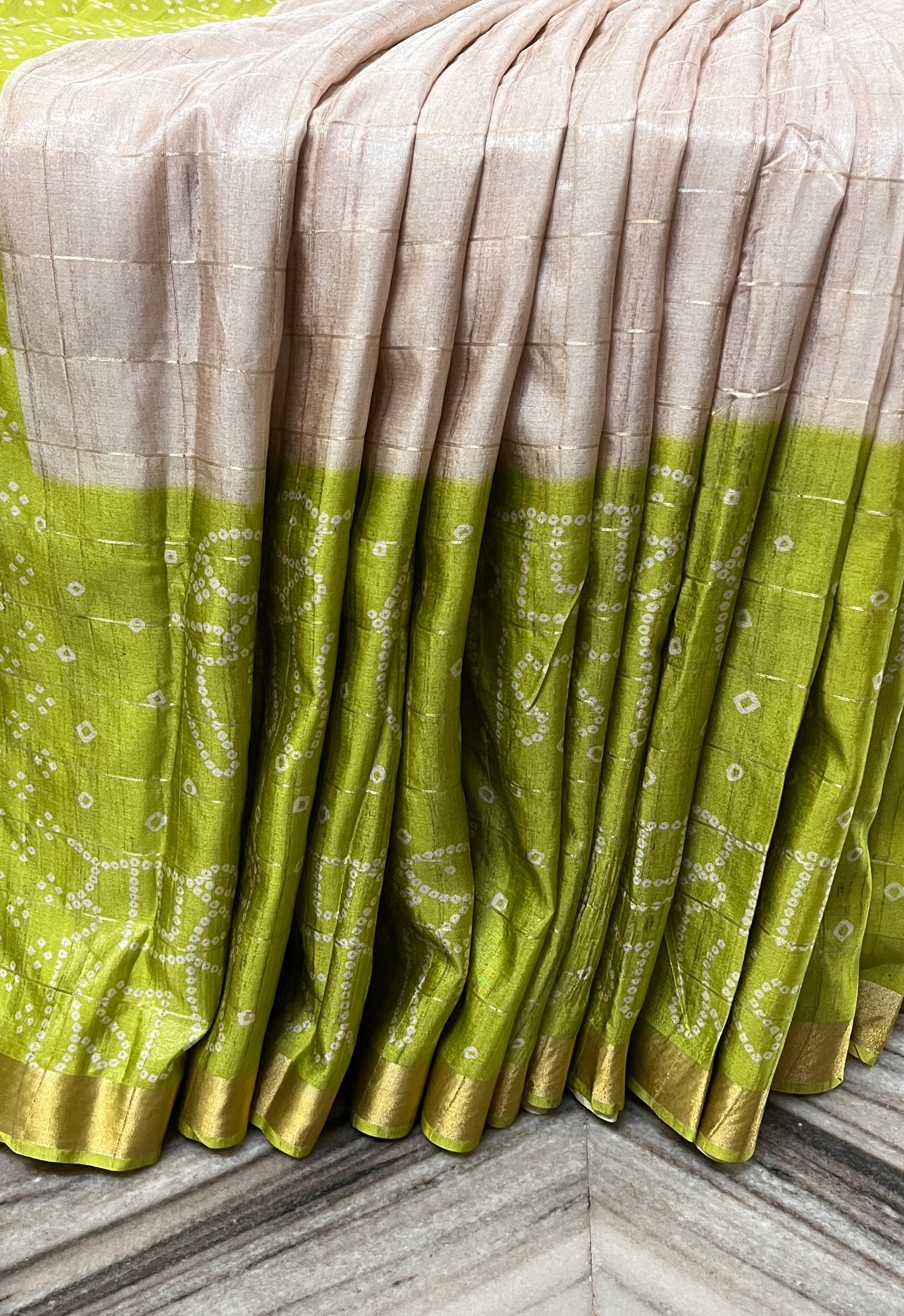 CAS202 - Olive Green and silver-grey Bandhani silk saree