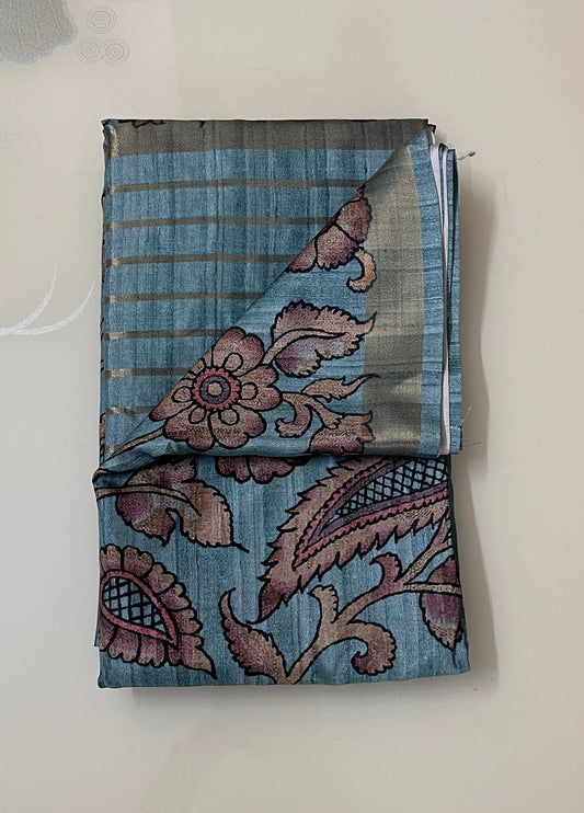 CAS190 - Muted teal-blue base printed silk saree