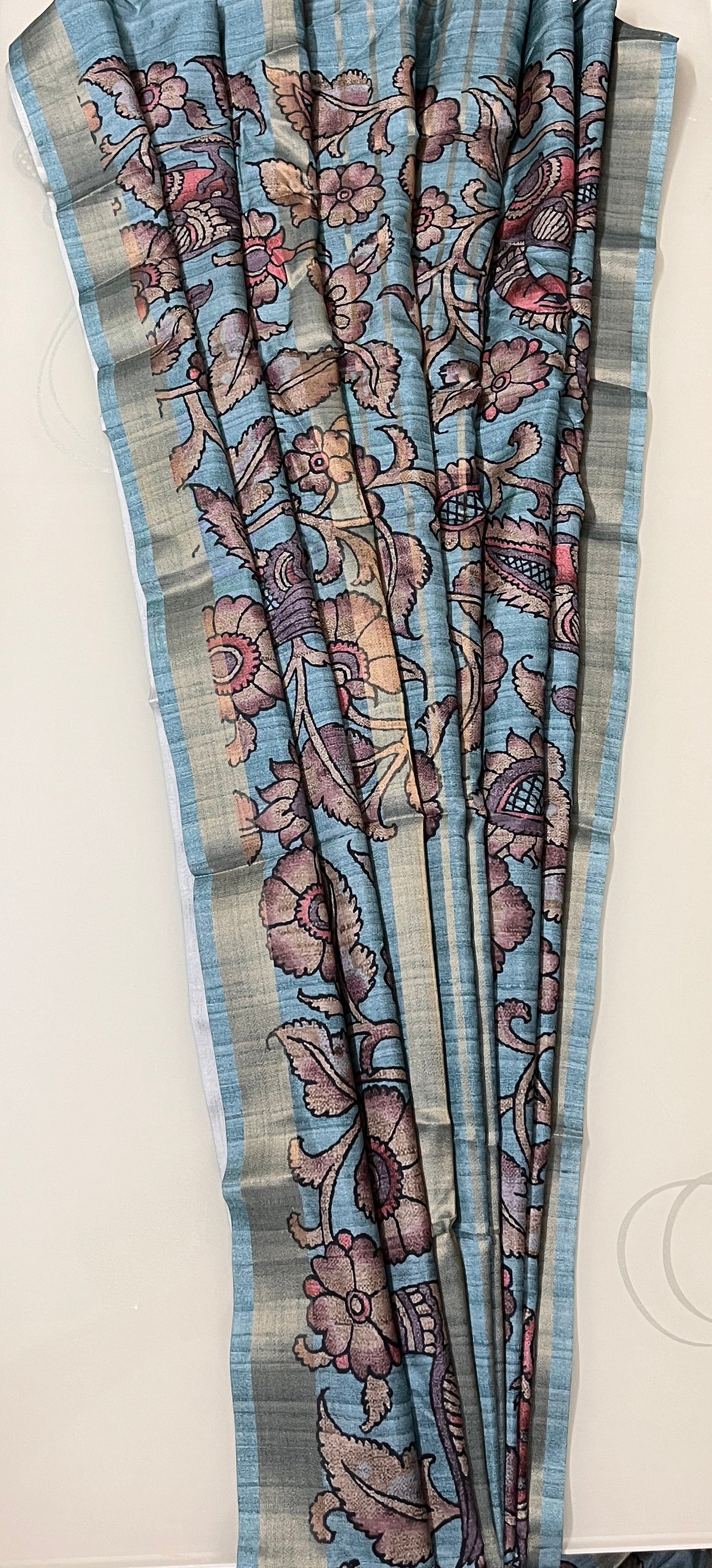 CAS190 - Muted teal-blue base printed silk saree