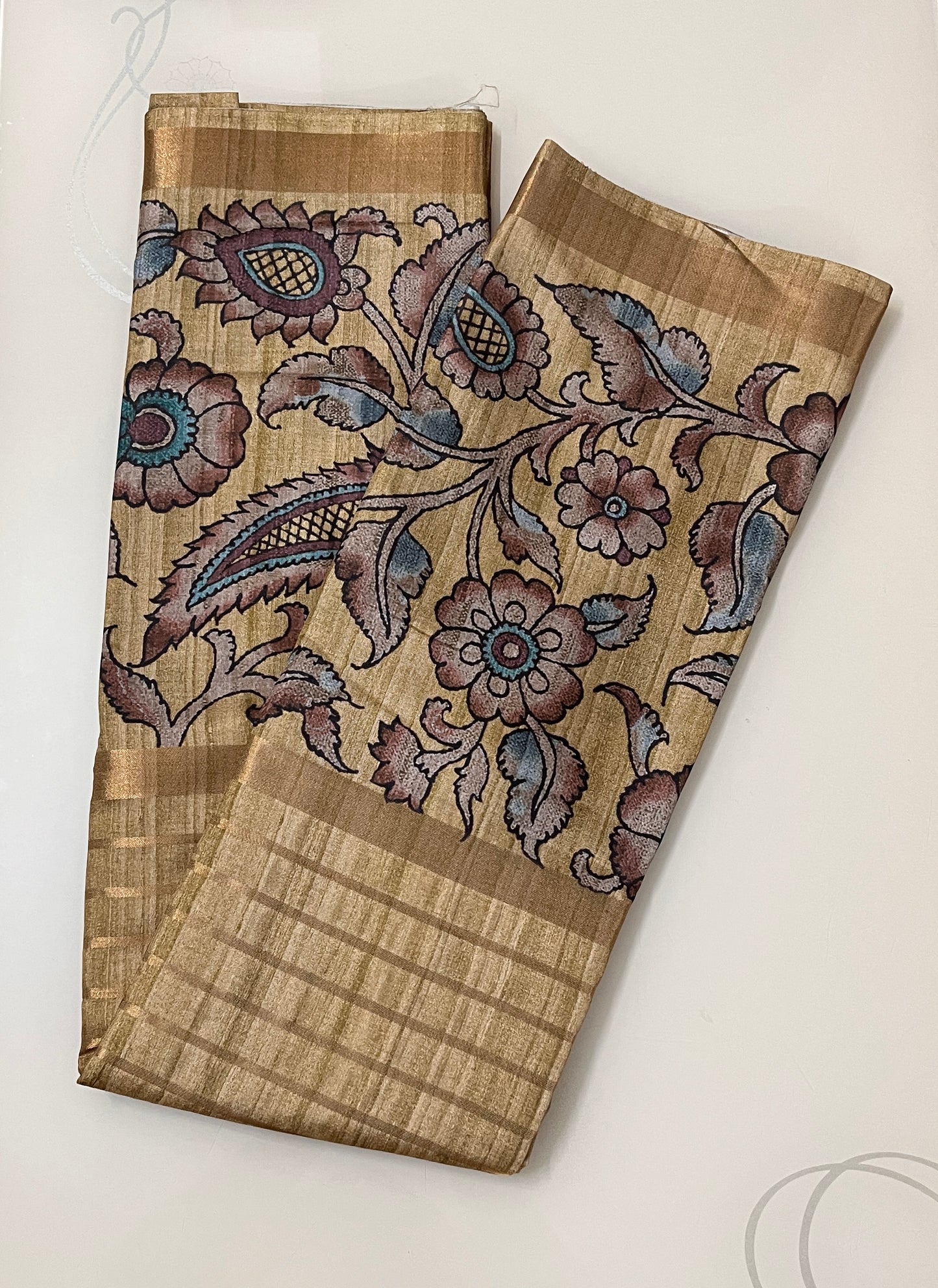 CAS189 - Beige-gold base printed silk saree