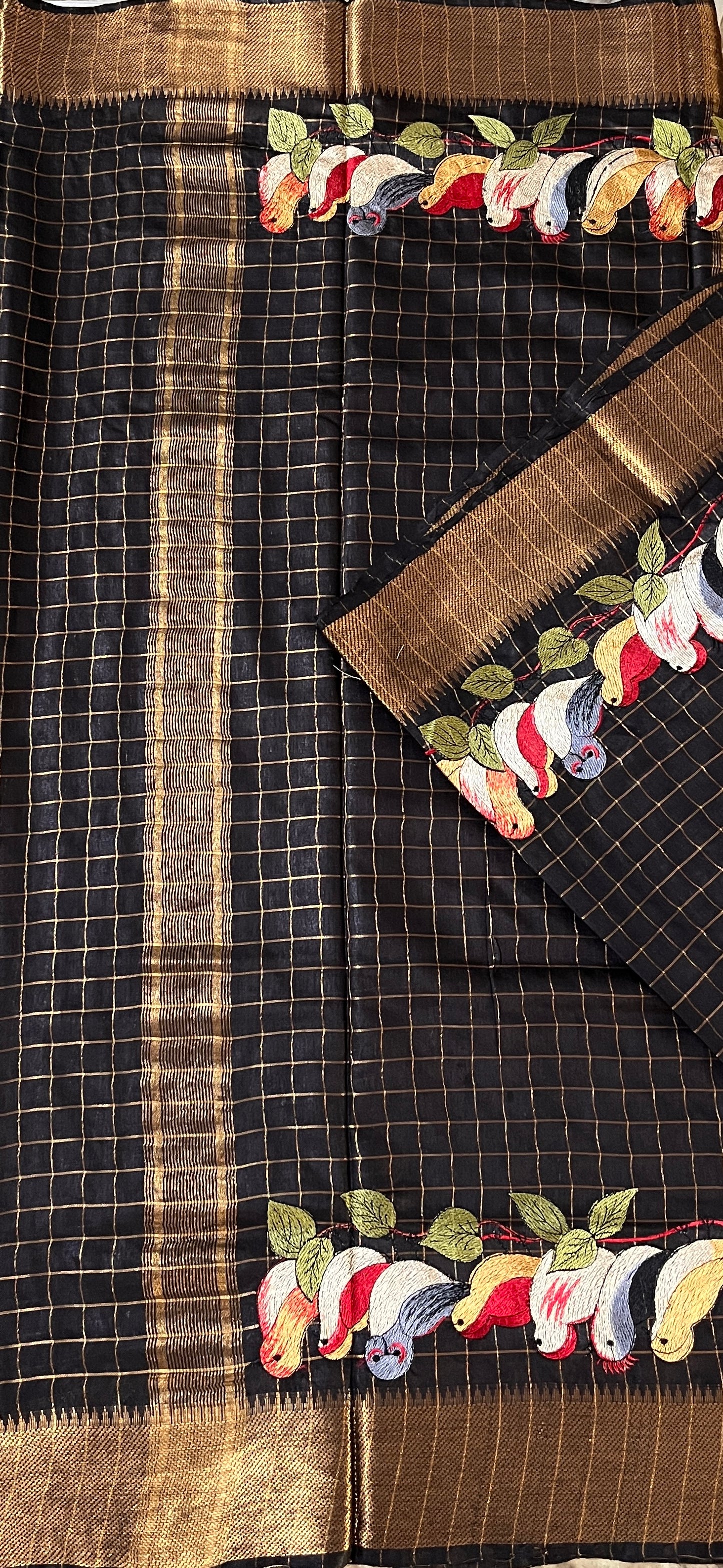 CAS203 - Black silk blended saree with birds motif