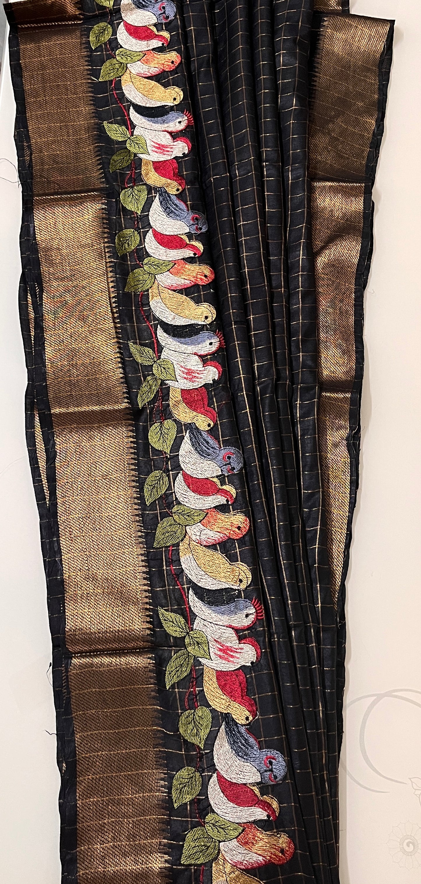 CAS203 - Black silk blended saree with birds motif