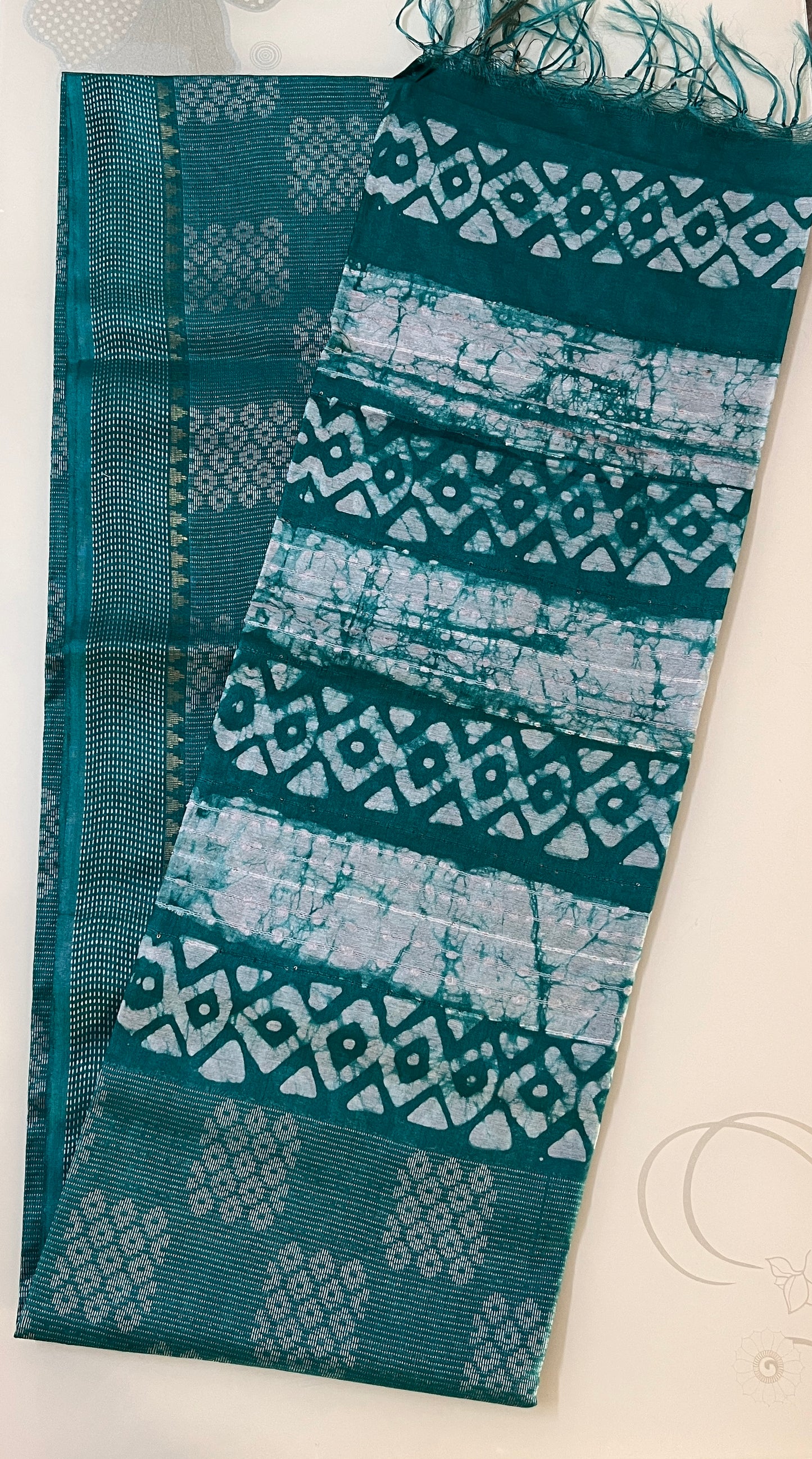 CAS167 - Teal green handblock printed saree