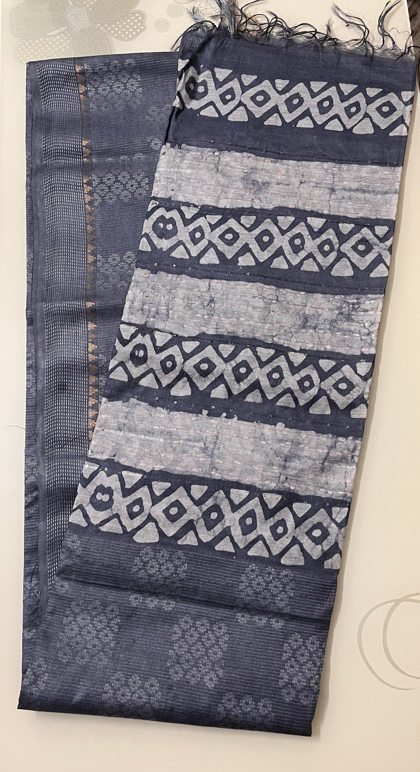 CAS168 - Steel grey bandhani handblock printed saree