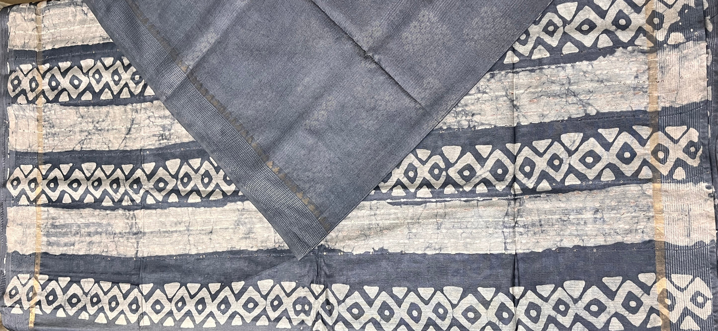 CAS168 - Steel grey bandhani handblock printed saree