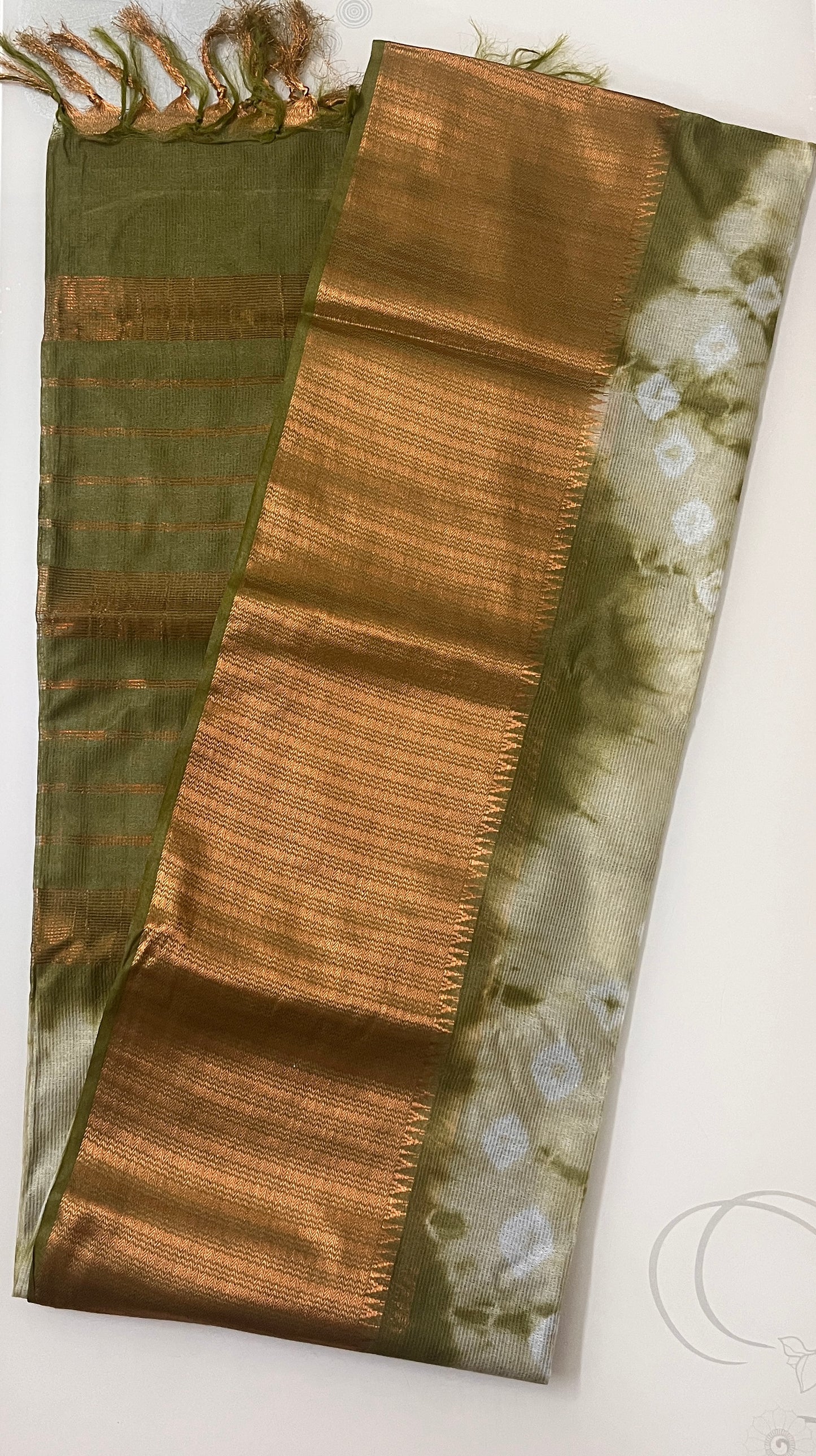 CAS178 - Olive green with copper zari tie-dye patterned saree