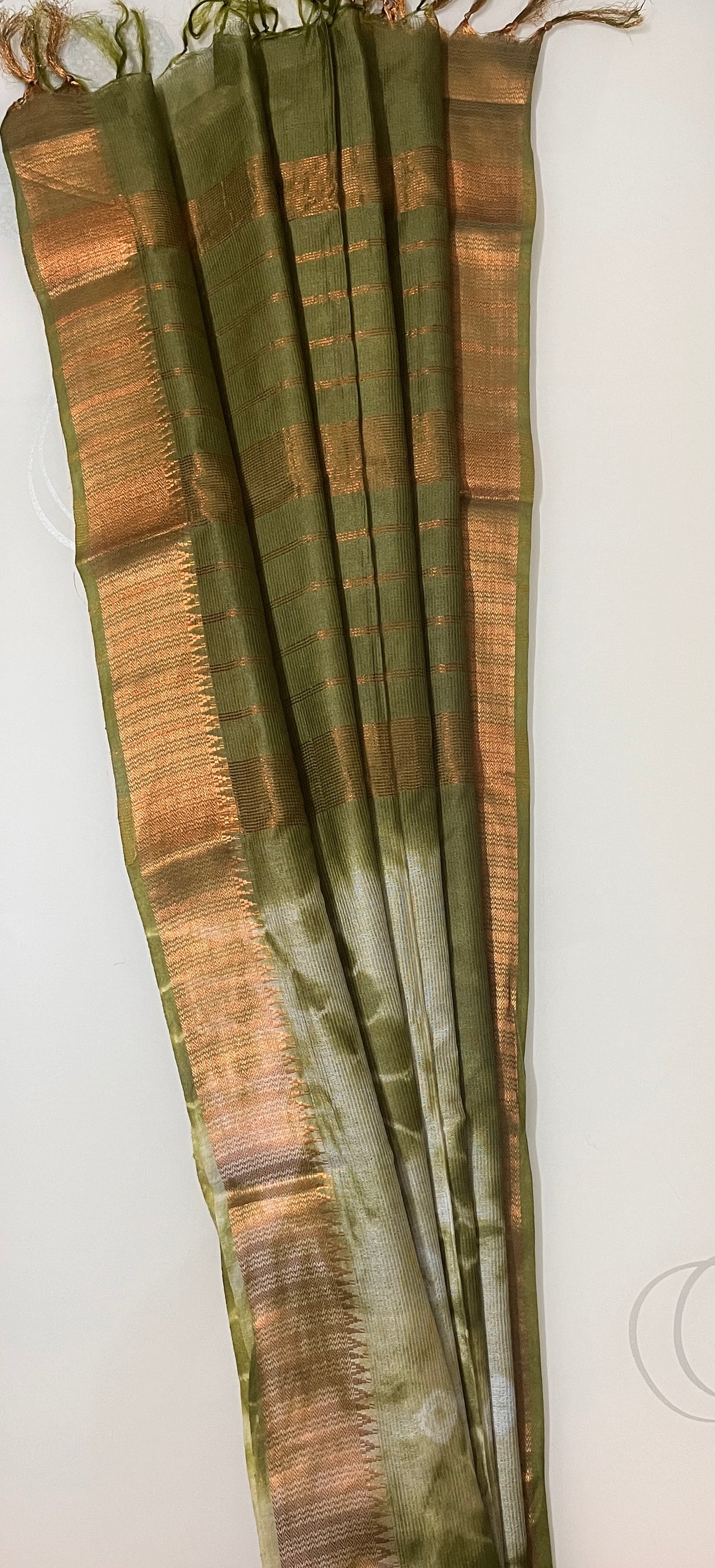 CAS178 - Olive green with copper zari tie-dye patterned saree
