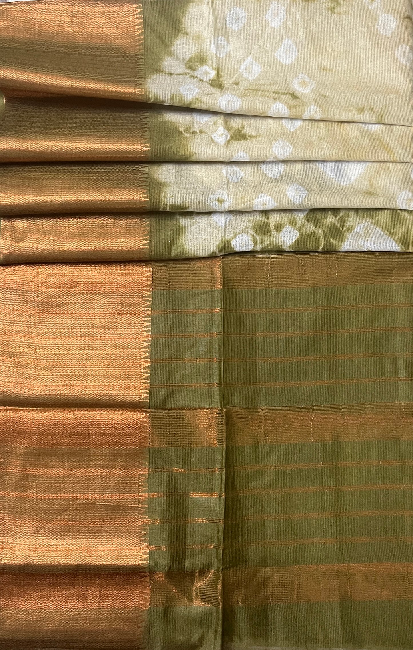 CAS178 - Olive green with copper zari tie-dye patterned saree