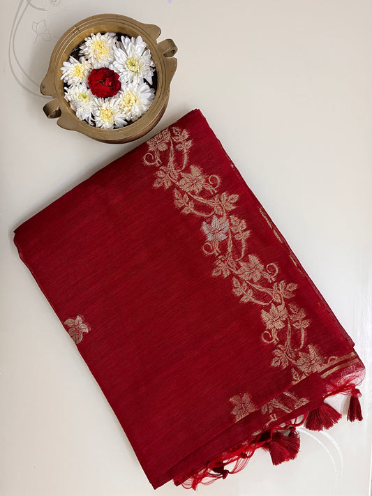 Ks 247 - Classic Red Saree with Elegant Gold Floral Weaving