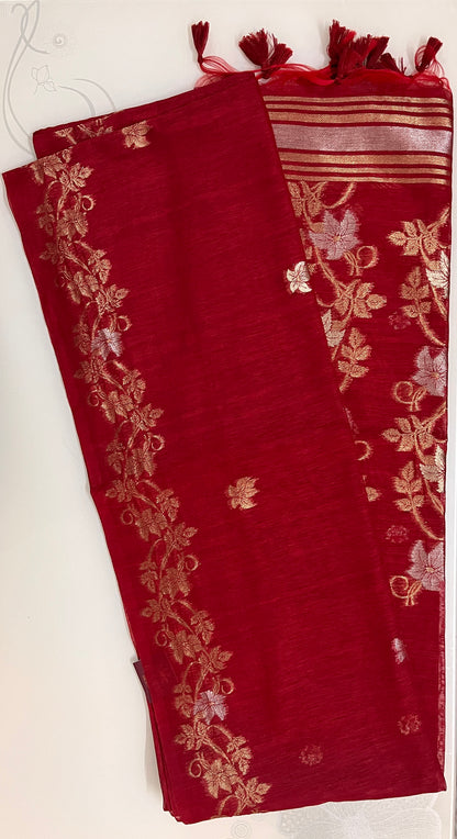 Ks 247 - Classic Red Saree with Elegant Gold Floral Weaving