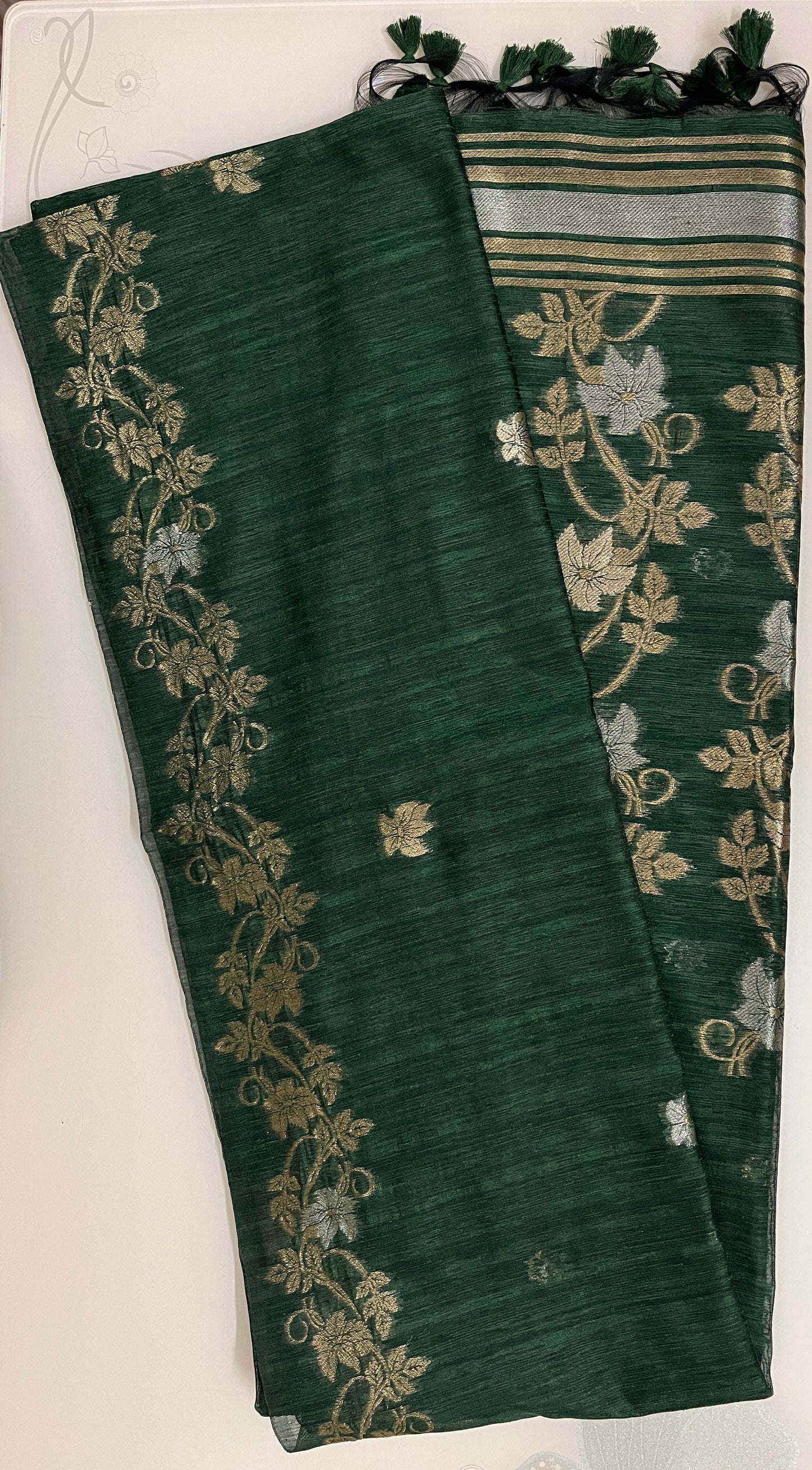 Ks 248 - Regal Dark Green Saree with Gold Floral Vine Weaving