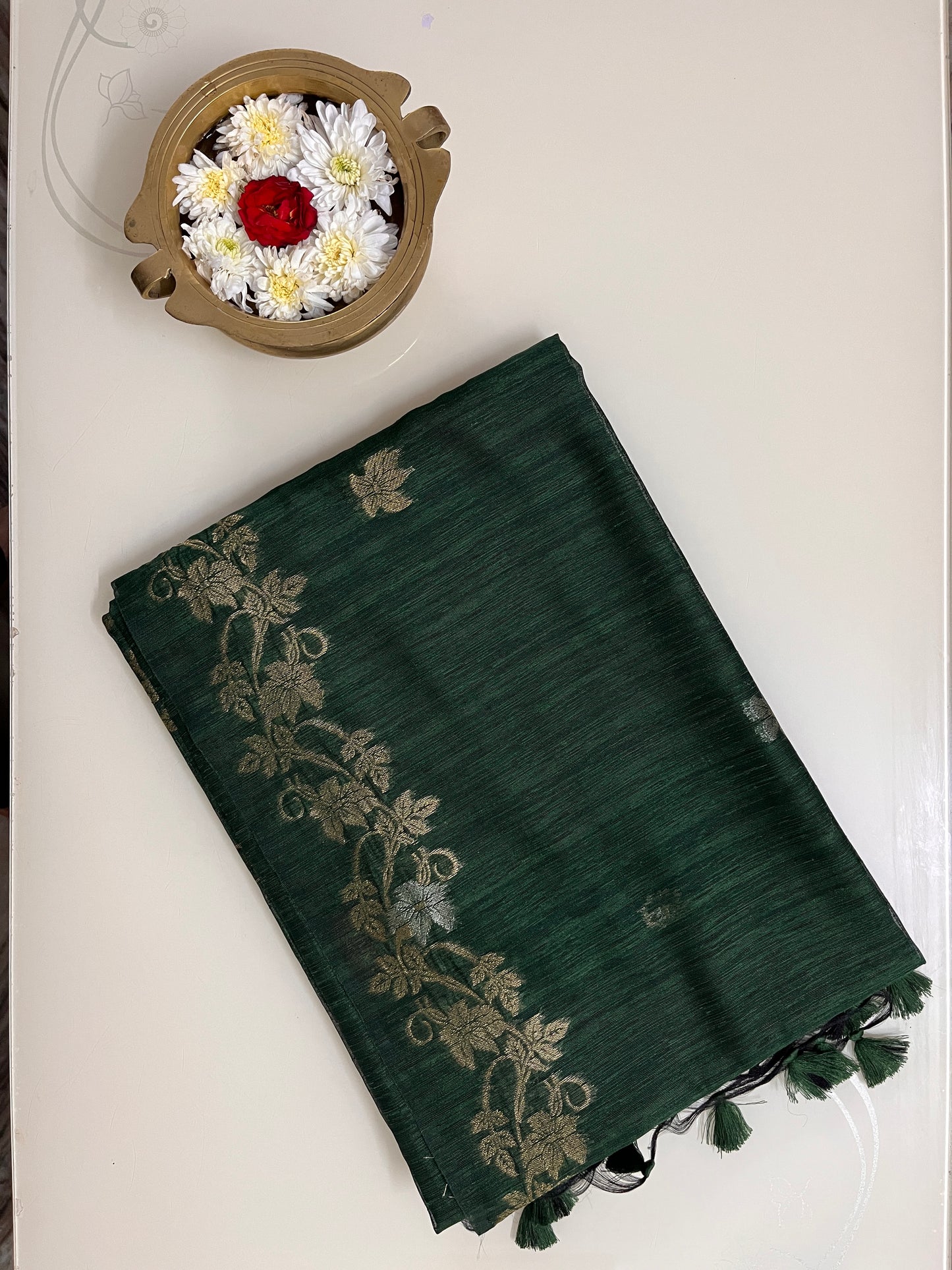 Ks 248 - Regal Dark Green Saree with Gold Floral Vine Weaving