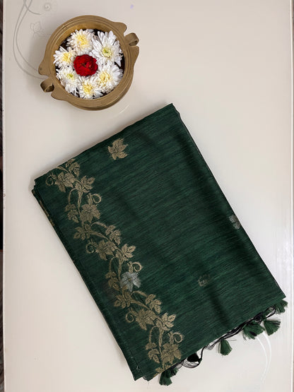 Ks 248 - Regal Dark Green Saree with Gold Floral Vine Weaving
