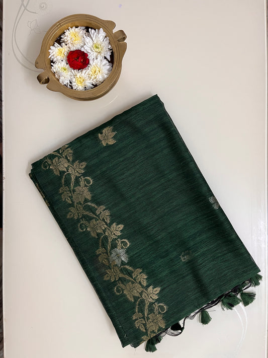 Ks 248 - Regal Dark Green Saree with Gold Floral Vine Weaving