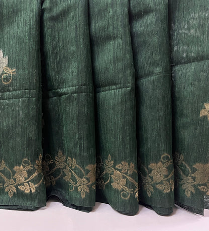 Ks 248 - Regal Dark Green Saree with Gold Floral Vine Weaving