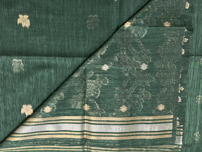 Ks 248 - Regal Dark Green Saree with Gold Floral Vine Weaving