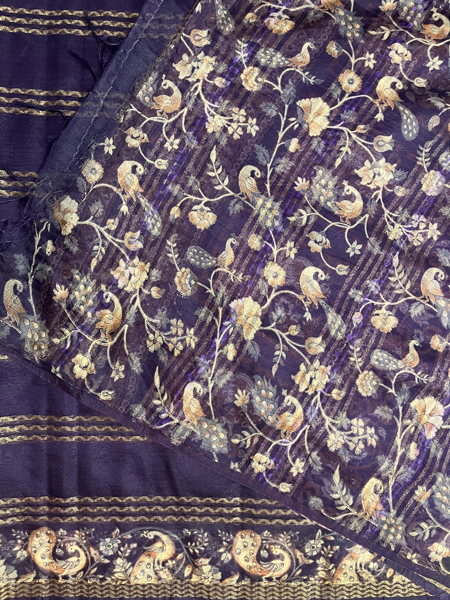Ks 200 - Royal Purple Saree with Gold Stripe Weaving & Artistic Border