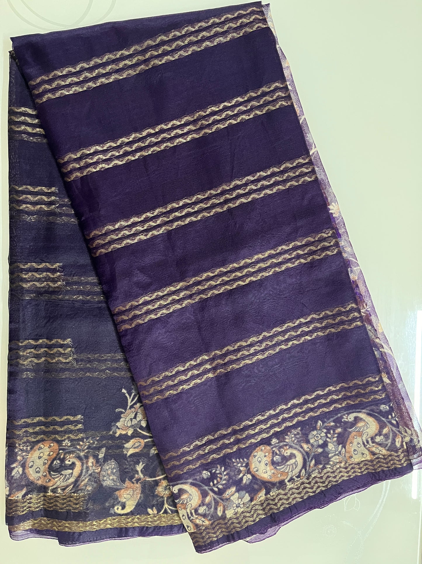 Ks 200 - Royal Purple Saree with Gold Stripe Weaving & Artistic Border