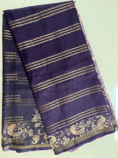 Ks 200 - Royal Purple Saree with Gold Stripe Weaving & Artistic Border
