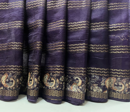 Ks 200 - Royal Purple Saree with Gold Stripe Weaving & Artistic Border