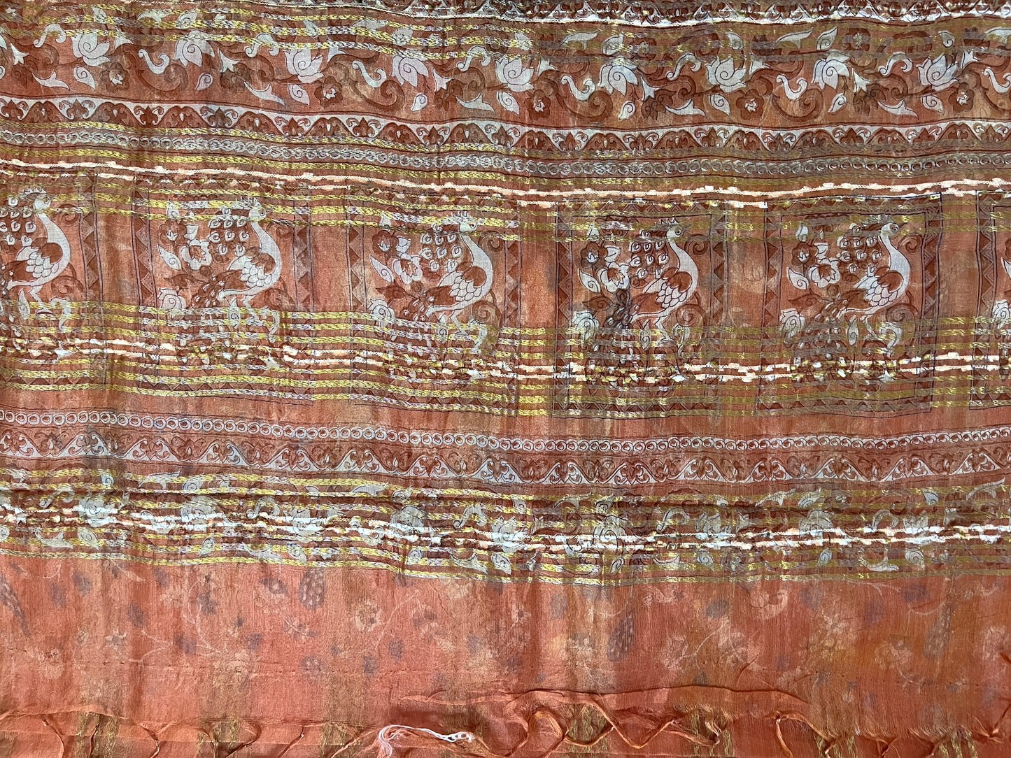 Ks 201 - Elegant Rust Orange Saree with Gold Stripe Weaving & Designer Printed Border