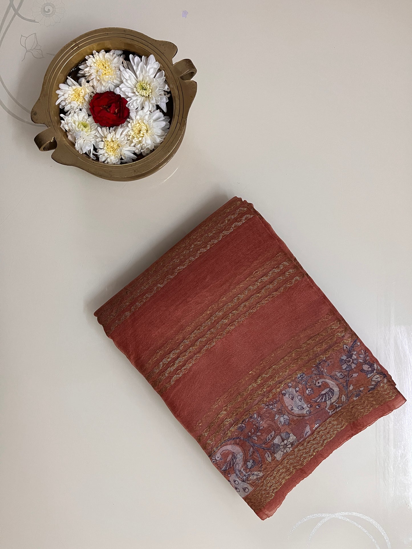 Ks 201 - Elegant Rust Orange Saree with Gold Stripe Weaving & Designer Printed Border